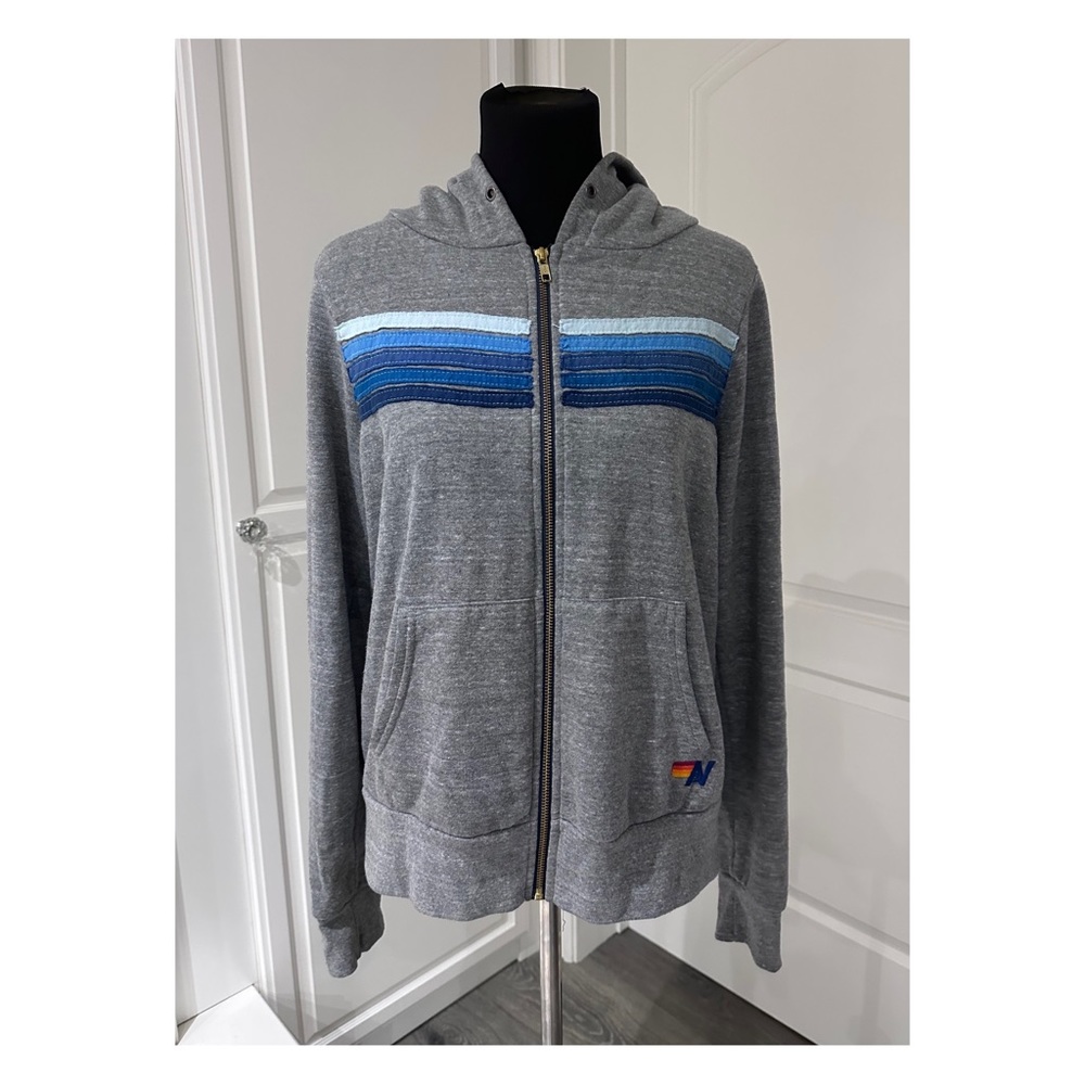 Aviator Nation Grey Hoodie Blue Stripes Zipper Sweatshirt ~ Medium